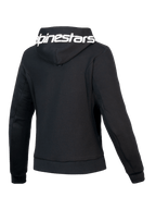 Alpinestars Sweat À Capuche Sport Stella Chrome V2, sweat à capuche moto pour femme, noir et blanc, vue de dos montrant la capuche marquée et la coupe athlétique, certifié CE Classe A