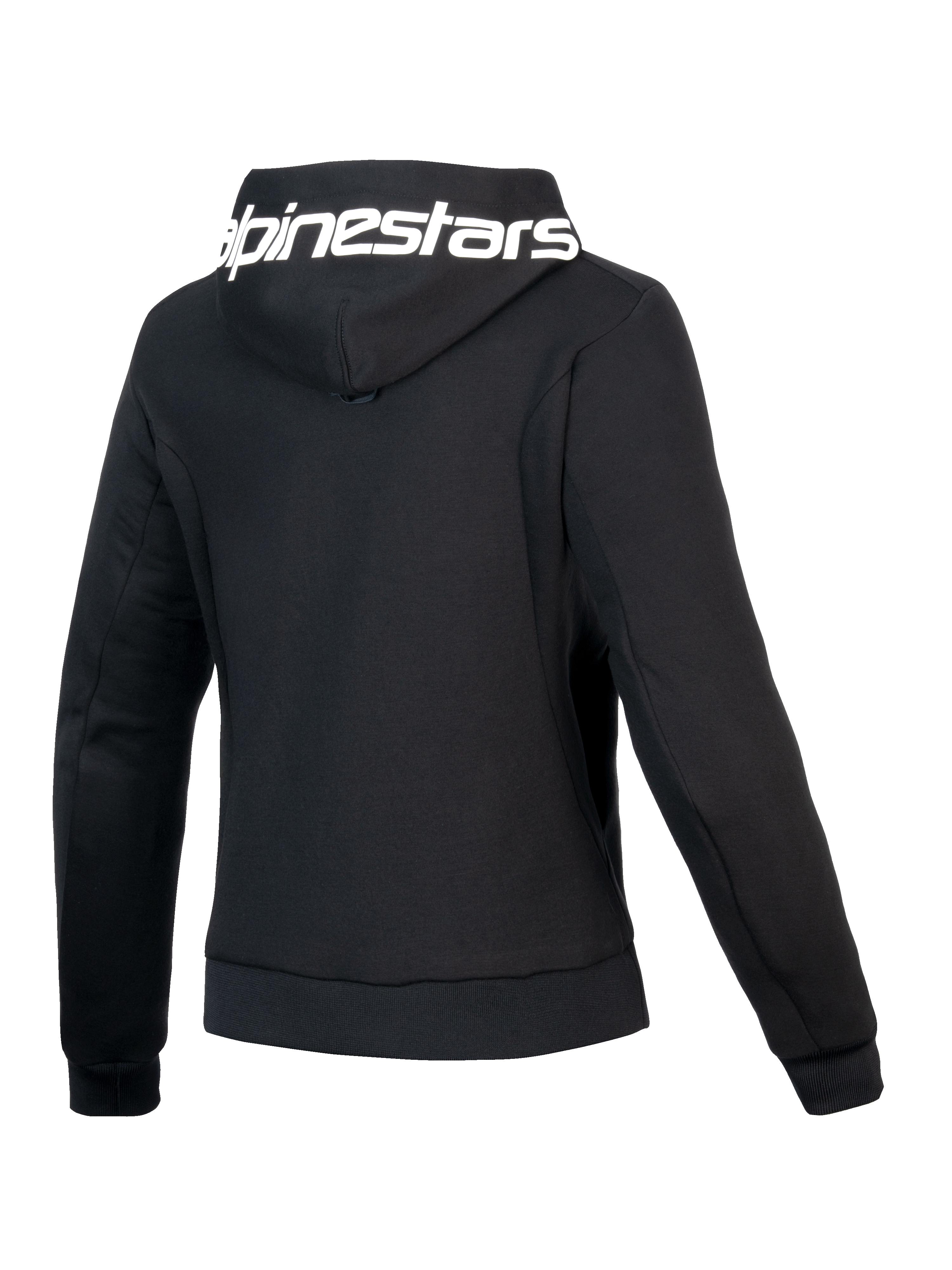 Alpinestars Sweat À Capuche Sport Stella Chrome V2, sweat à capuche moto pour femme, noir et blanc, vue de dos montrant la capuche marquée et la coupe athlétique, certifié CE Classe A