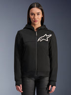 Alpinestars Woman Stella Chrome V2 Sport Hoodie, women's black zip-up motorcycle hoodie, white star logo on chest, tech fleece construction, hood with snap collar button, casual urban performance gear