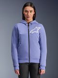 Alpinestars Stella Chrome V2 Sport Hoodie, sweat à capuche de moto pour femme, bleu violet avec logo étoile blanc, fermeture éclair frontale intégrale, fermeture de la capuche par boutons-pression, matière polaire technique pour la conduite urbaine, veste de moto de protection décontractée