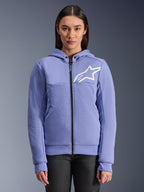 Alpinestars Stella Chrome V2 Sport Hoodie, sweat à capuche de moto pour femme, bleu violet avec logo étoile blanc, fermeture éclair frontale intégrale, fermeture de la capuche par boutons-pression, matière polaire technique pour la conduite urbaine, veste de moto de protection décontractée