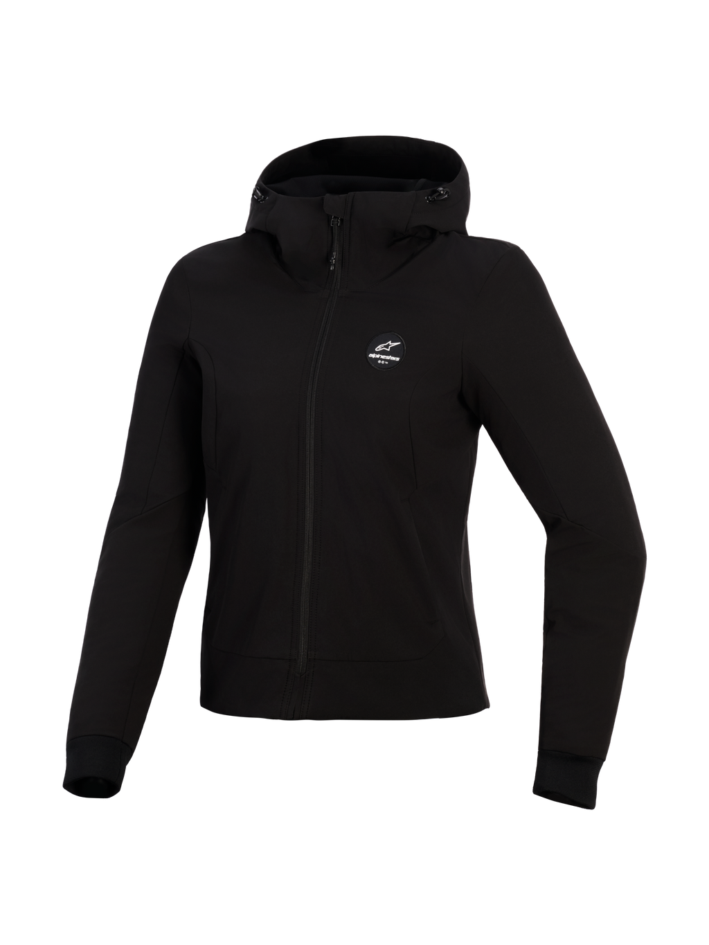 Alpinestars Stella Radium Tech Hoodie, sweat à capuche moto pour femme, noir, coque technique coupe-vent à 3 couches, vue de face, capuche à cordon de serrage et poignets côtelés, équipement de protection urbain pour la moto