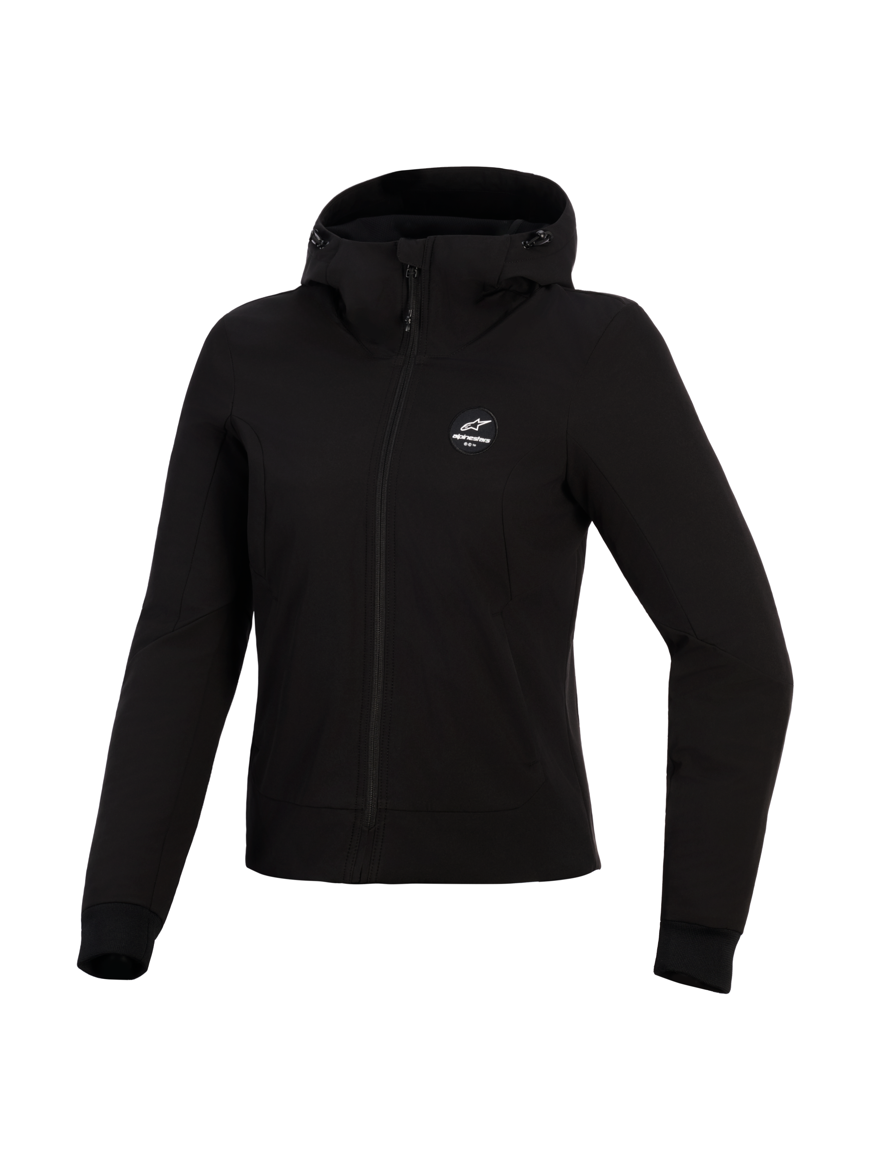 Alpinestars Stella Radium Tech Hoodie, sweat à capuche moto pour femme, noir, coque technique coupe-vent à 3 couches, vue de face, capuche à cordon de serrage et poignets côtelés, équipement de protection urbain pour la moto