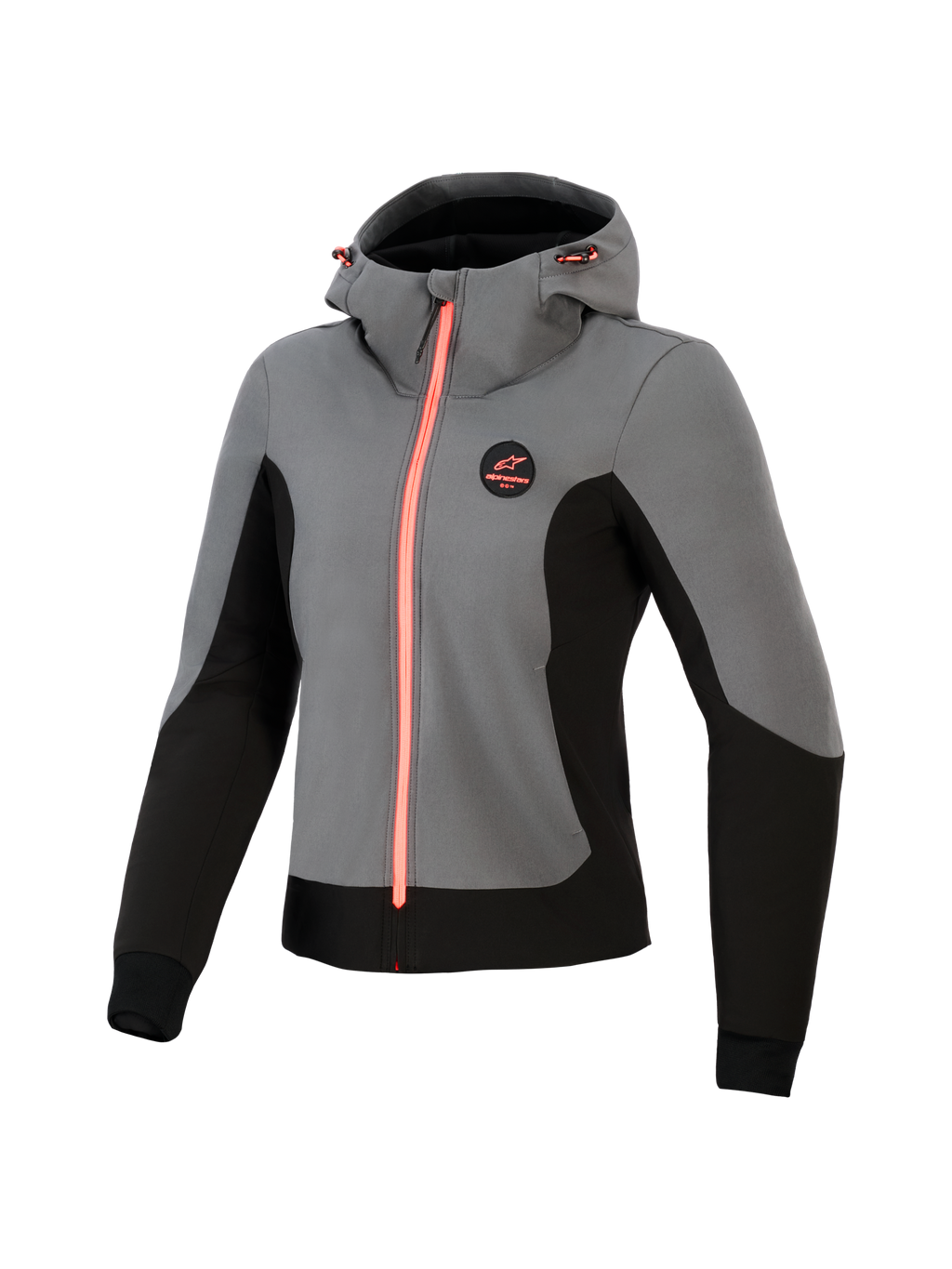 Alpinestars Stella Radium Tech Hoodie pour femme, sweat à capuche de moto technique, gris foncé et noir avec des accents corail vif, coque coupe-vent à 3 couches, design pour la conduite urbaine, capuche ajustable et coupe athlétique