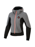 Alpinestars Stella Radium Tech Hoodie pour femme, sweat à capuche de moto technique, gris foncé et noir avec des accents corail vif, coque coupe-vent à 3 couches, design pour la conduite urbaine, capuche ajustable et coupe athlétique