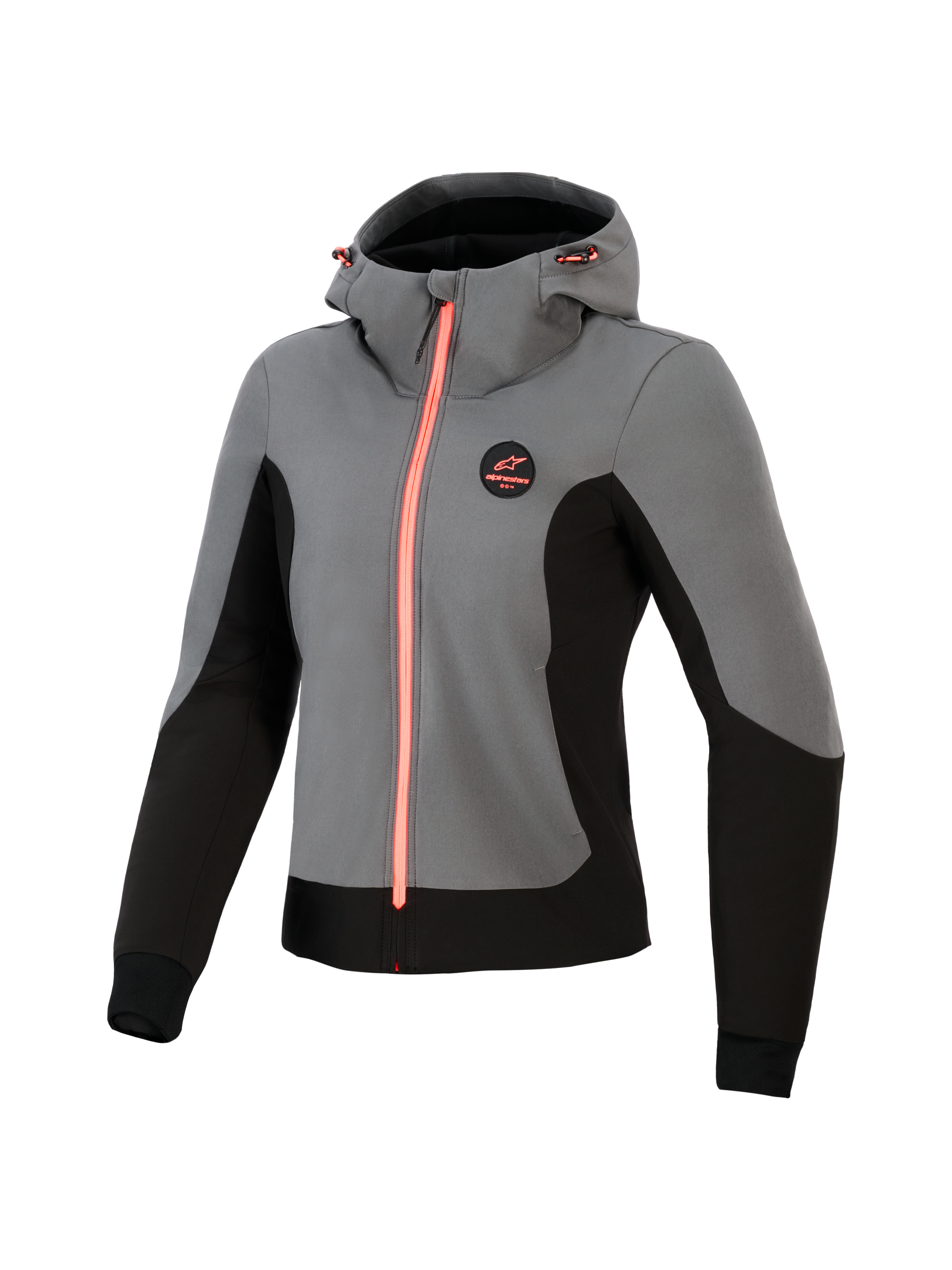Alpinestars Stella Radium Tech Hoodie pour femme, sweat à capuche de moto technique, gris foncé et noir avec des accents corail vif, coque coupe-vent à 3 couches, design pour la conduite urbaine, capuche ajustable et coupe athlétique