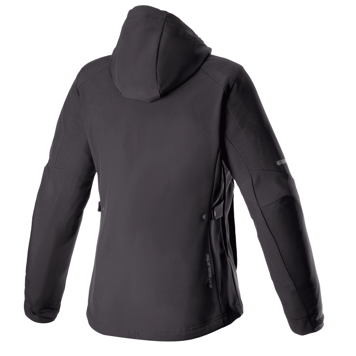 Veste à capuche Alpinestars Stella Neo Waterproof pour femme, vue arrière, noir noir, dotée d'une construction technique en softshell avec capuche amovible, marquage vertical discret sur le bas du dos et coupe ajustée spécifique aux femmes pour la conduite urbaine.