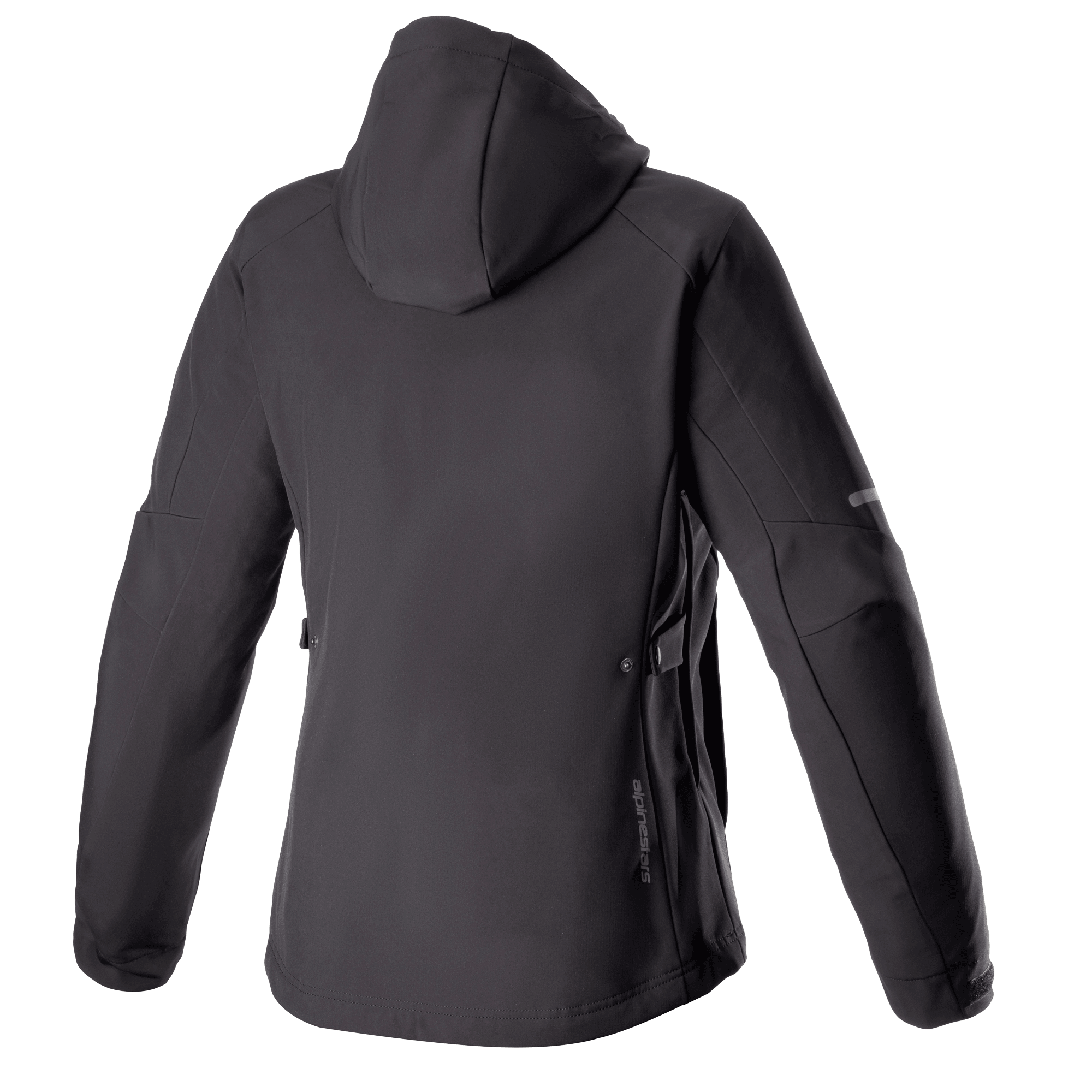 Veste à capuche Alpinestars Stella Neo Waterproof pour femme, vue arrière, noir noir, dotée d'une construction technique en softshell avec capuche amovible, marquage vertical discret sur le bas du dos et coupe ajustée spécifique aux femmes pour la conduite urbaine.