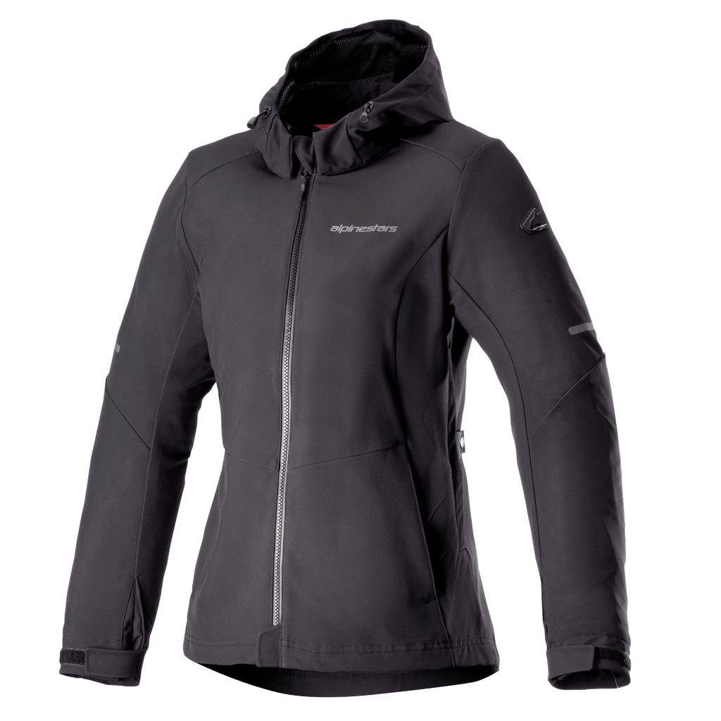 Alpinestars Stella Neo Waterproof Hoodie, veste de moto pour femme, noire, design à capuche avec fermeture éclair centrale à l'avant, poignets ajustables, tissu technique softshell, coupe ajustée avec logo sur la poitrine