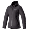 Alpinestars Stella Neo Waterproof Hoodie, veste de moto pour femme, noire, design à capuche avec fermeture éclair centrale à l'avant, poignets ajustables, tissu technique softshell, coupe ajustée avec logo sur la poitrine
