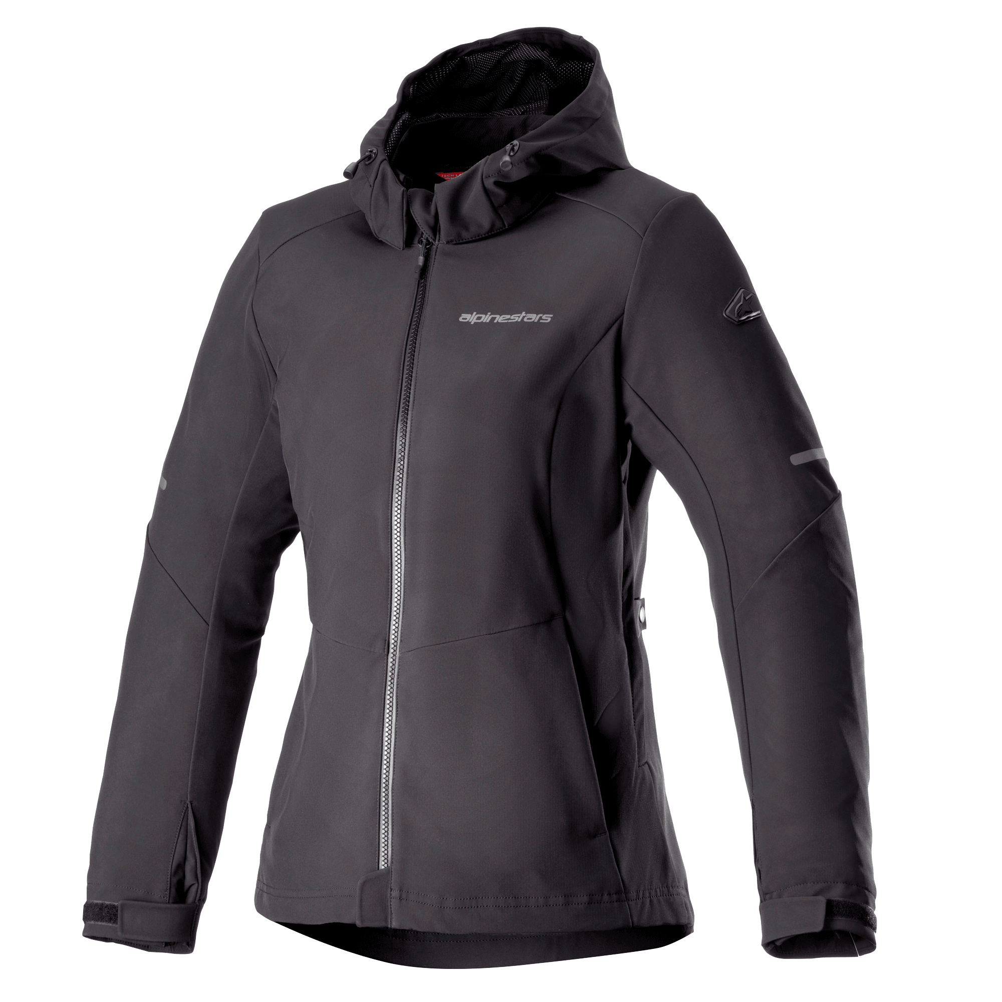 Alpinestars Stella Neo Waterproof Hoodie, veste de moto pour femme, noire, design à capuche avec fermeture éclair centrale à l'avant, poignets ajustables, tissu technique softshell, coupe ajustée avec logo sur la poitrine
