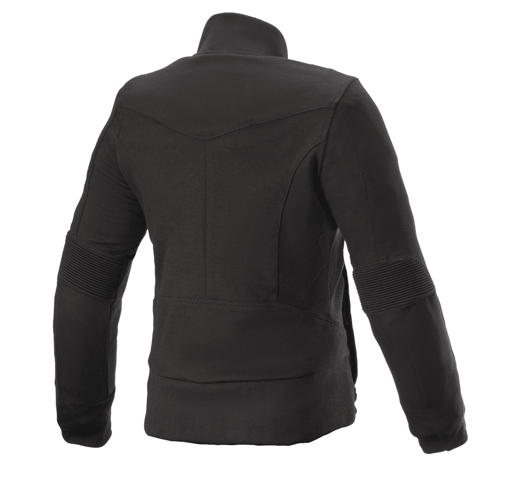 Alpinestars Polaire Banshee Femme, veste de moto pour femme, noir, vue de dos, construction en polaire décontractée avec empiècements côtelés aux coudes et bordure inférieure, conception au profil anatomique