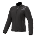 Alpinestars Polaire Banshee Femme, veste de moto noire, col montant avec bouton-pression et fermeture éclair frontale, logo Astars brodé gris sur la poitrine, poignets et ourlet côtelés, coupe ajustée pour la conduite urbaine