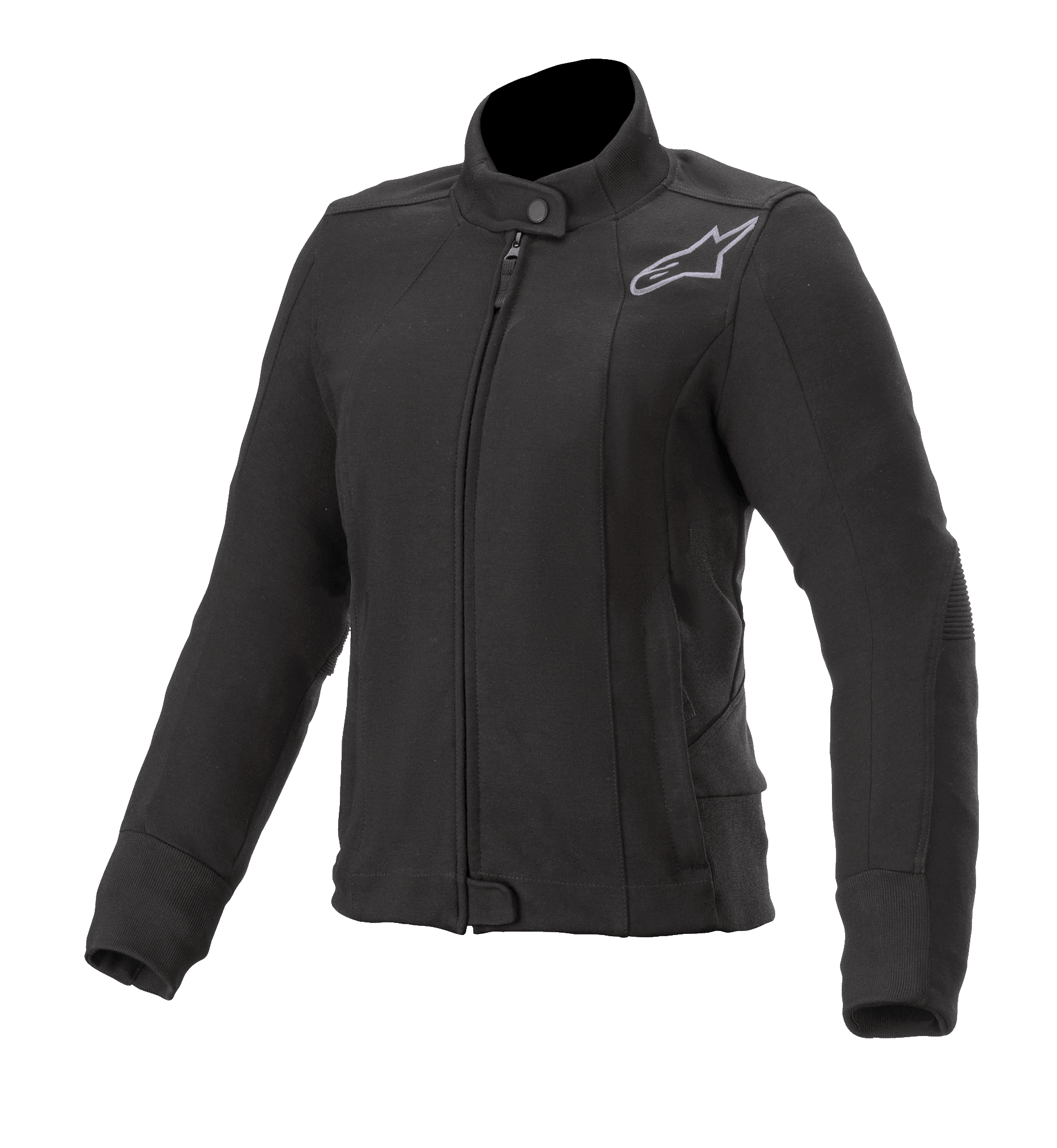 Alpinestars Polaire Banshee Femme, veste de moto noire, col montant avec bouton-pression et fermeture éclair frontale, logo Astars brodé gris sur la poitrine, poignets et ourlet côtelés, coupe ajustée pour la conduite urbaine