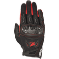 Gants Alpinestars Honda SMX-2 Air Carbon V2, gants de moto sport, noirs et rouges, dotés d'une protection des articulations en fibre de carbone, coque en cuir et mesh 3D, logo de l'aile Honda rouge et surpiqûres, conception à manchette courte pour la conduite sportive sur route.