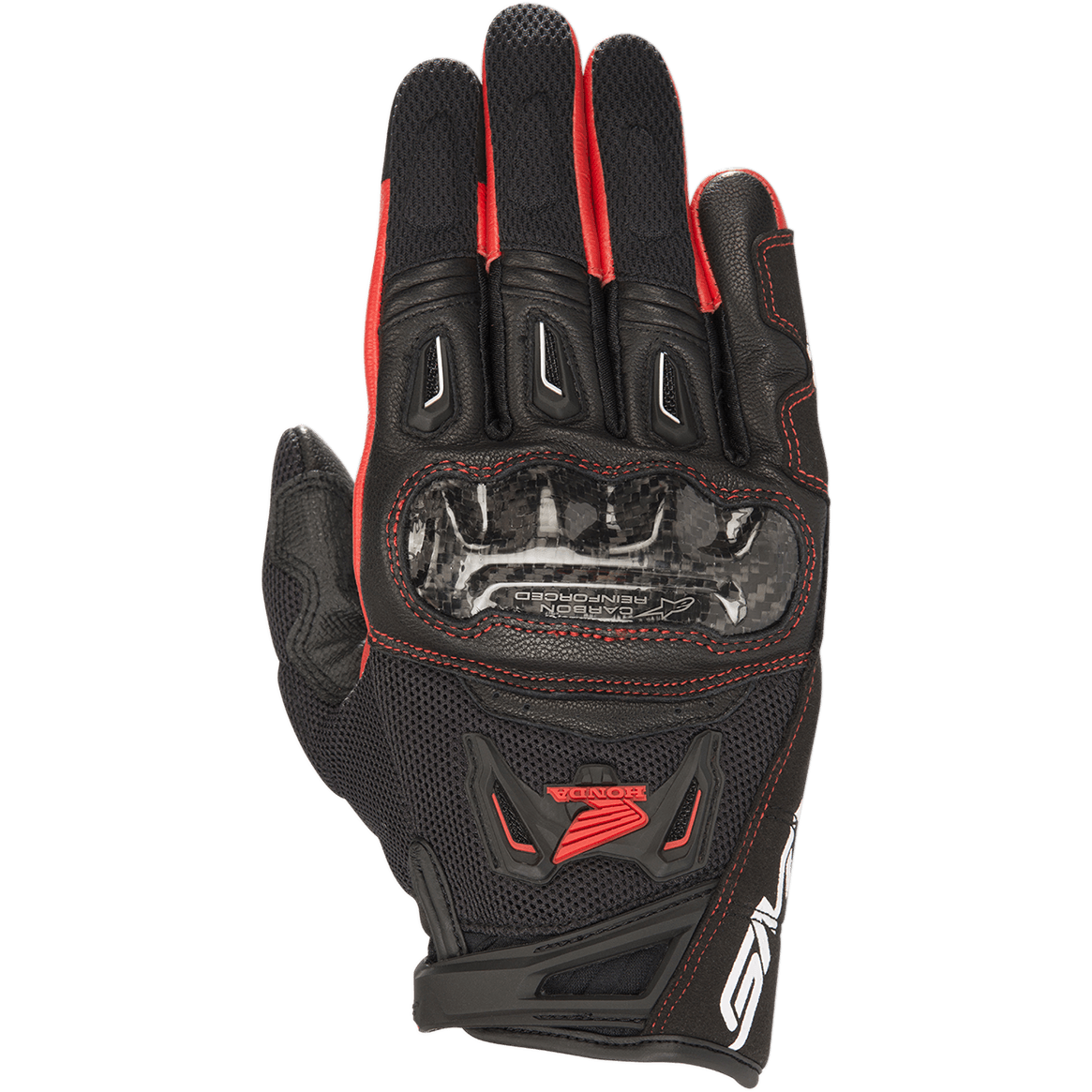Gants Alpinestars Honda SMX-2 Air Carbon V2, gants de moto sport, noirs et rouges, dotés d'une protection des articulations en fibre de carbone, coque en cuir et mesh 3D, logo de l'aile Honda rouge et surpiqûres, conception à manchette courte pour la conduite sportive sur route.