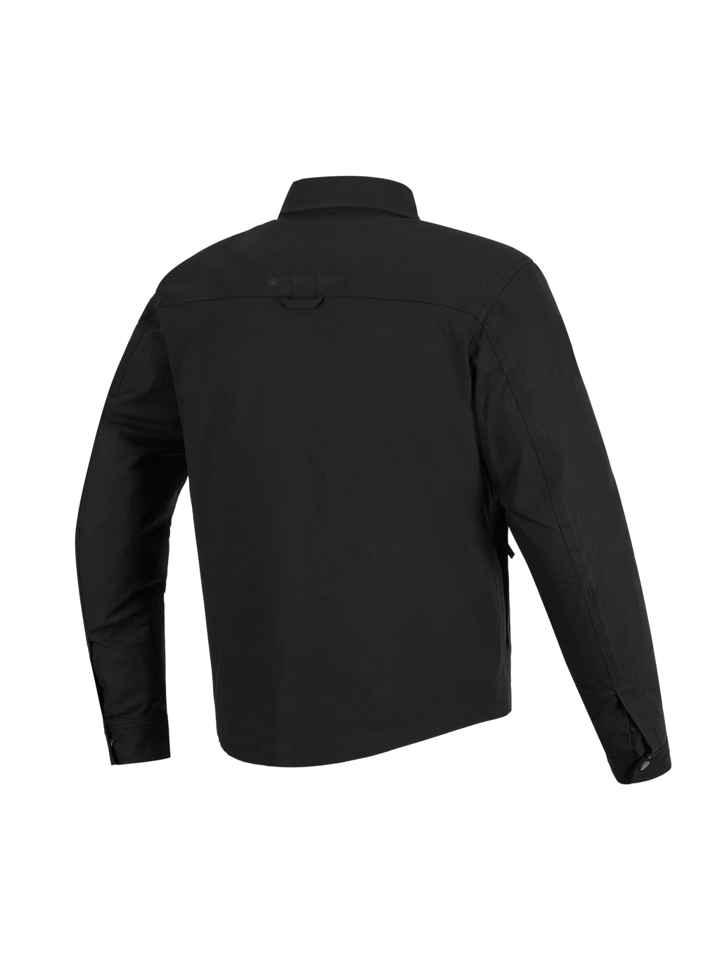 Surchemise Alpinestars Bryon Water Resistant, noire, vue arrière, dotée d'une construction en toile cirée durable, d'un empiècement horizontal aux épaules, d'une boucle de suspension au dos et d'un dos légèrement plus long pour une protection accrue à moto.