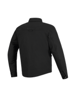 Surchemise Alpinestars Bryon Water Resistant, noire, vue arrière, dotée d'une construction en toile cirée durable, d'un empiècement horizontal aux épaules, d'une boucle de suspension au dos et d'un dos légèrement plus long pour une protection accrue à moto.