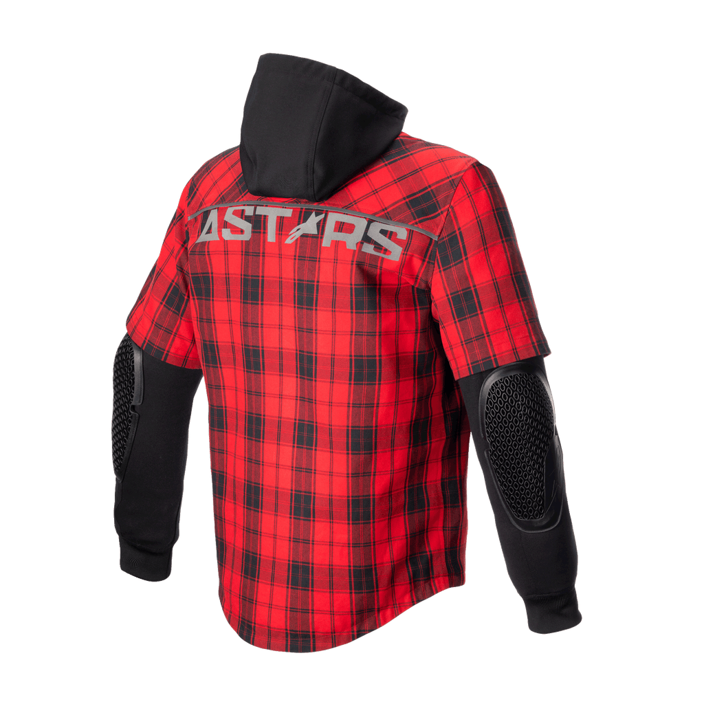 Alpinestars MO.ST.EQ Tartan Shirt, Motorcycle Riding Shirt-Jacket, Flame Red and Black, back view showing red plaid pattern, black hood, long black sleeves with exposed honeycomb elbow armor, and ASTARS branding across the shoulders