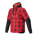 Alpinestars MO.ST.EQ Tartan Shirt, Flame Red and Black plaid motorcycle shirt, hybrid design with short outer sleeves and long black inner sleeves, black hood with orange mesh lining, snap-button front with zippered hand pockets, urban streetwear protective riding gear