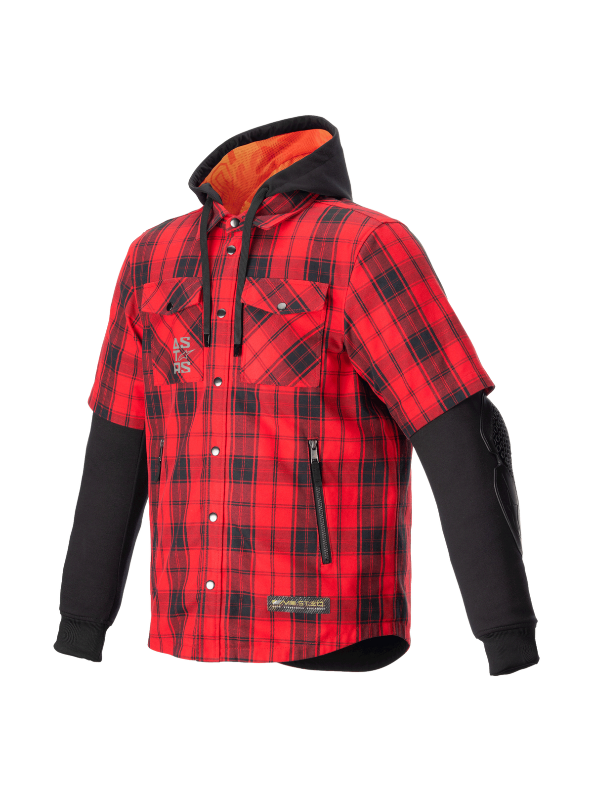 Alpinestars Chemise MO.ST.EQ Tartan, surchemise de moto urbaine rouge et noire, motif à carreaux, certifiée CE avec capuche.