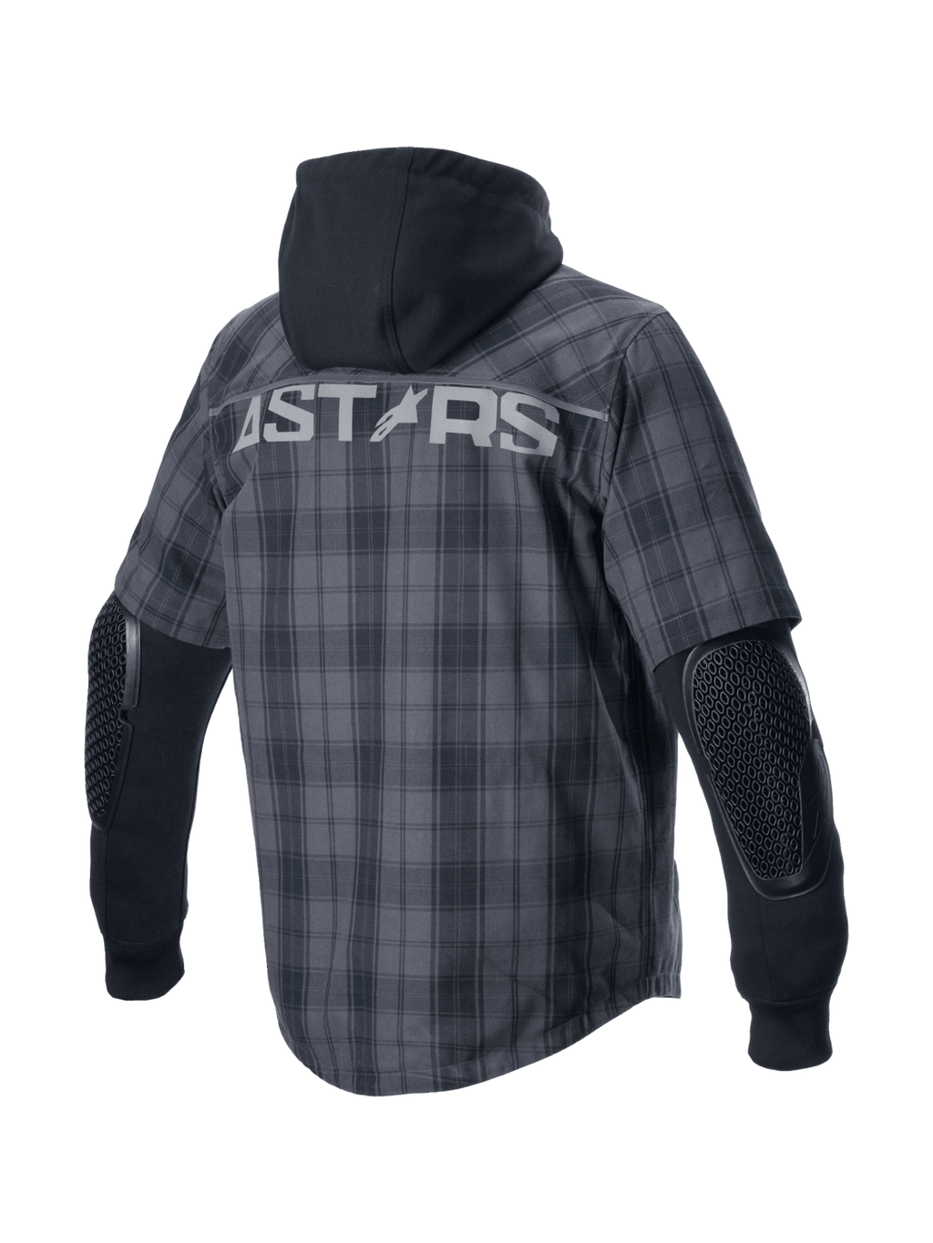 Chemise Alpinestars MO.ST.EQ Tartan, surchemise de moto urbaine pour homme, grise et noire, vue de dos avec logo ASTARS et protections de coudes Nucleon Flex Plus exposées