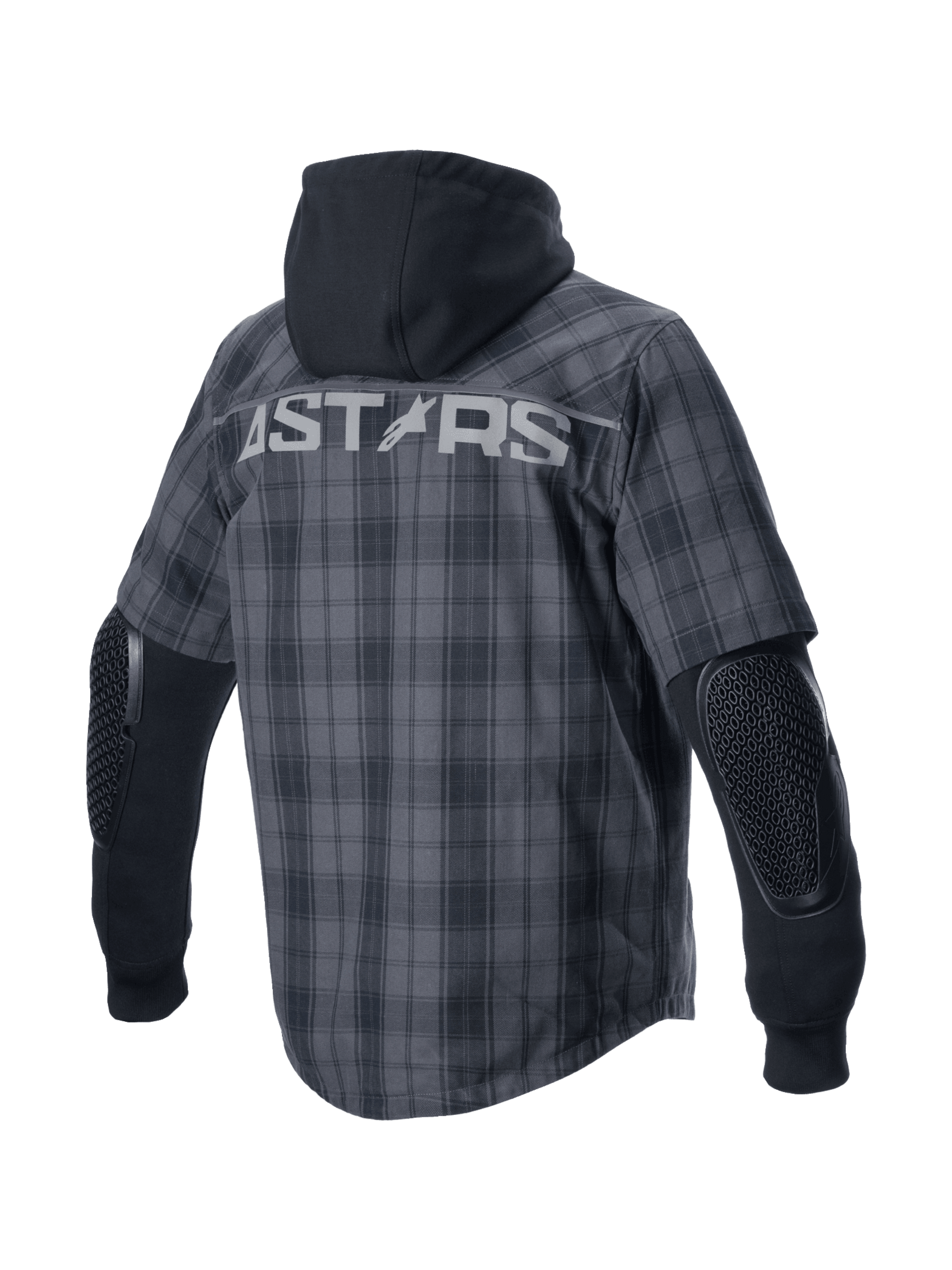 Chemise Alpinestars MO.ST.EQ Tartan, surchemise de moto urbaine pour homme, grise et noire, vue de dos avec logo ASTARS et protections de coudes Nucleon Flex Plus exposées