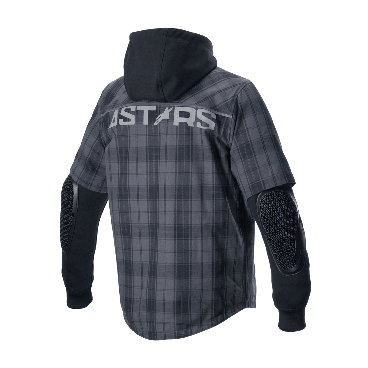 Chemise MO.ST.EQ Tartan Alpinestars, veste de moto urbaine, gris goudron noir, vue de dos avec marquage 'ASTARS' sur les épaules, capuche noire fixe et protections de coudes en nid d'abeille apparentes sur manches longues noires
