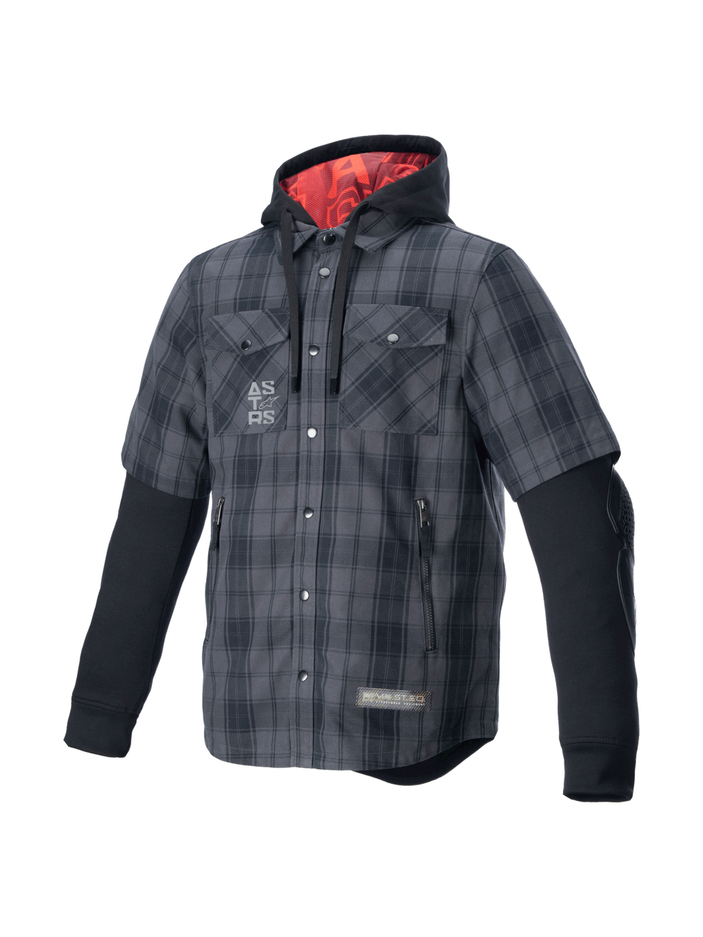 Alpinestars chemise MO.ST.EQ Tartan, surchemise de moto grise et noire, capuche à doublure rouge, protections, style urbain.