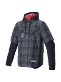 Alpinestars chemise MO.ST.EQ Tartan, surchemise de moto grise et noire, capuche à doublure rouge, protections, style urbain.