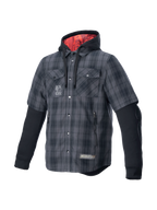 Alpinestars chemise MO.ST.EQ Tartan, surchemise de moto grise et noire, capuche à doublure rouge, protections, style urbain.