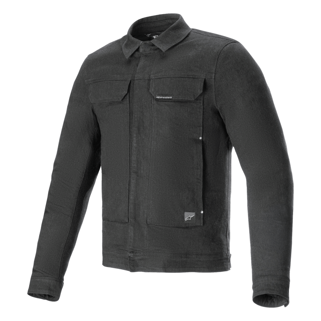 Alpinestars Garage Jacket, veste de moto, gris fumé, denim de coton extensible à manches longues avec une silhouette inspirée du style workwear, dotée de poches poitrine et de patchs logo subtils, équipement de protection urbain décontracté