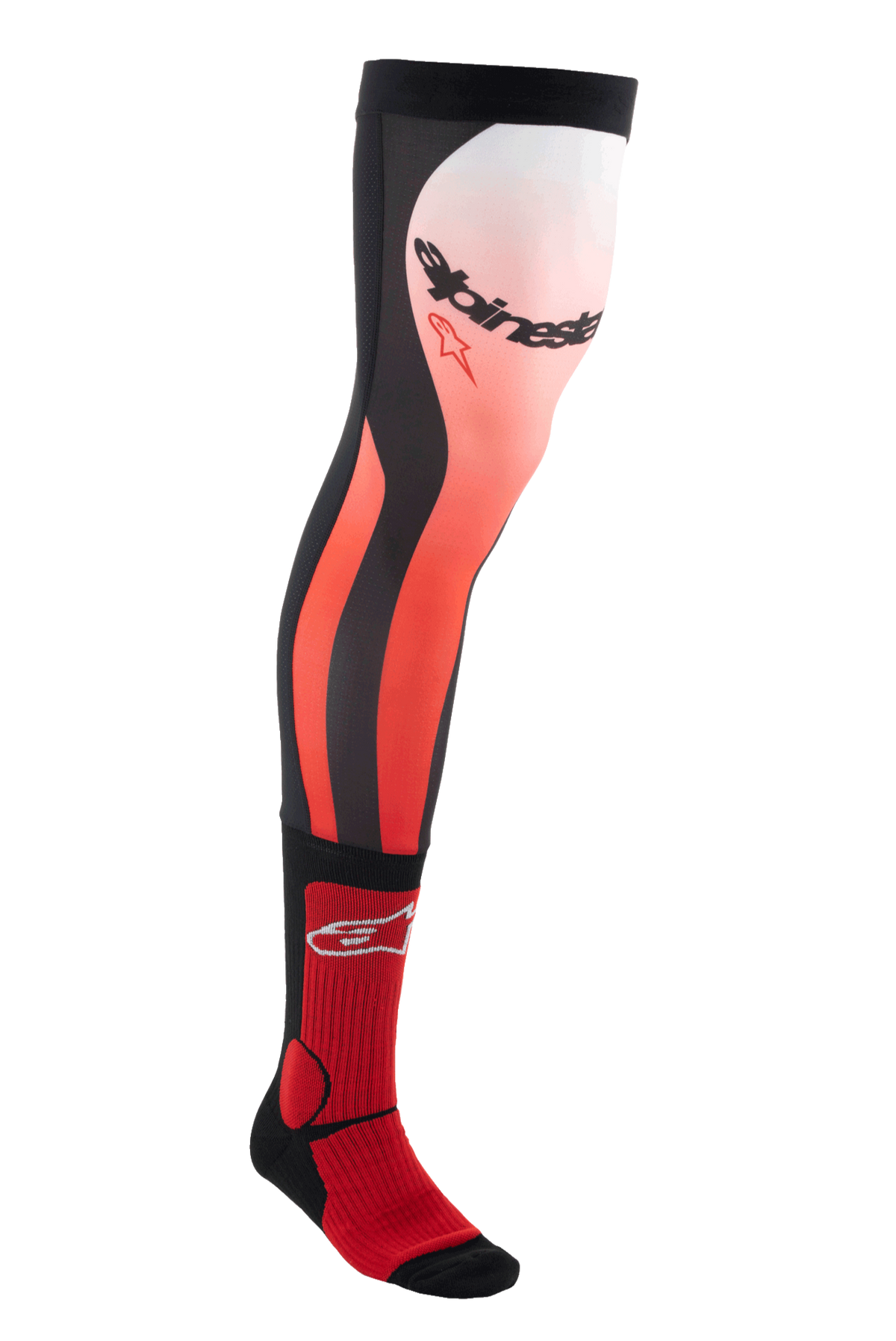 Chaussettes pour genouillères Alpinestars, chaussettes de motocross longues, rouge vif, blanc et noir, design technique montant jusqu'au genou avec motif en dégradé et logos distinctifs, texture côtelée pour un maintien sûr, spécifiquement conçues pour une utilisation avec des bottes tout-terrain et des genouillères
