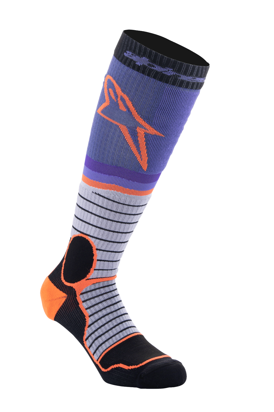 Alpinestars MX Pro Socks V2, chaussettes hautes de motocross, noires, grises, violettes et orange, construction côtelée, design à rayures horizontales, équipement de pilotage haute performance