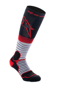 Alpinestars MX Pro Socks V2, chaussettes hautes de motocross, noires, grises et rouges, avec logo Astar rouge sur le haut du mollet, section médiane grise à fines rayures horizontales noires et rembourrage rouge renforcé au talon et à la cheville, chaussettes performantes évacuant l'humidité pour le tout-terrain