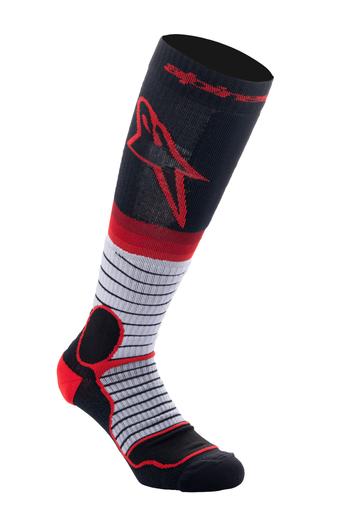 Alpinestars MX Pro Socks V2, chaussettes hautes de motocross, noires, grises et rouges, avec logo Astar rouge sur le haut du mollet, section médiane grise à fines rayures horizontales noires et rembourrage rouge renforcé au talon et à la cheville, chaussettes performantes évacuant l'humidité pour le tout-terrain