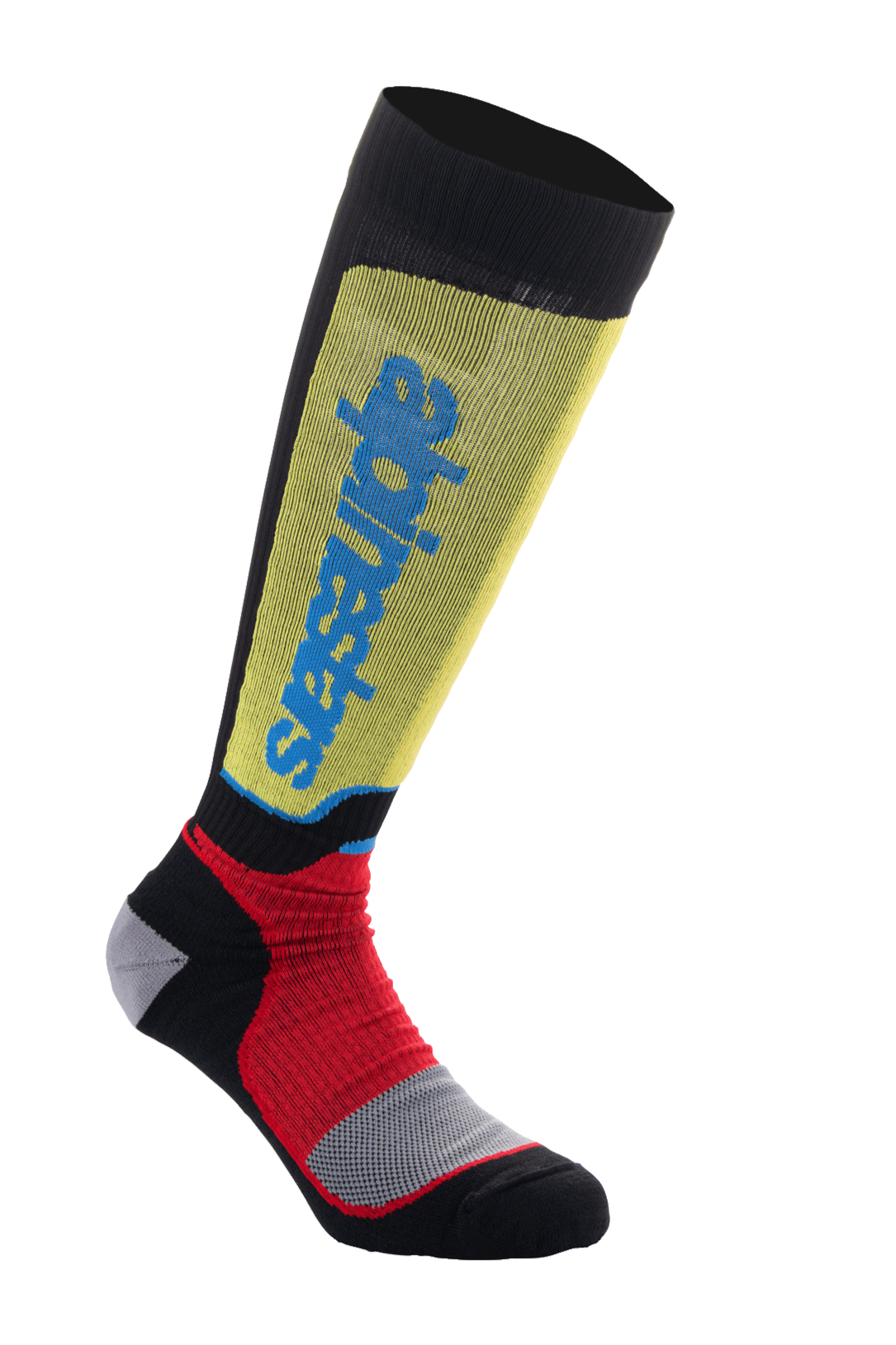 Chaussettes Alpinestars MX Plus, chaussettes de motocross, noir, jaune et rouge avec logo bleu, design montant avec texture côtelée et rembourrage gris renforcé, chaussettes techniques de performance tout-terrain