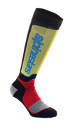 Alpinestars MX Plus Socks, Motocross Riding Socks, Black, Yellow, and Red with Blue branding, knee-length design with ribbed texture and reinforced gray padding, technical off-road performance socks