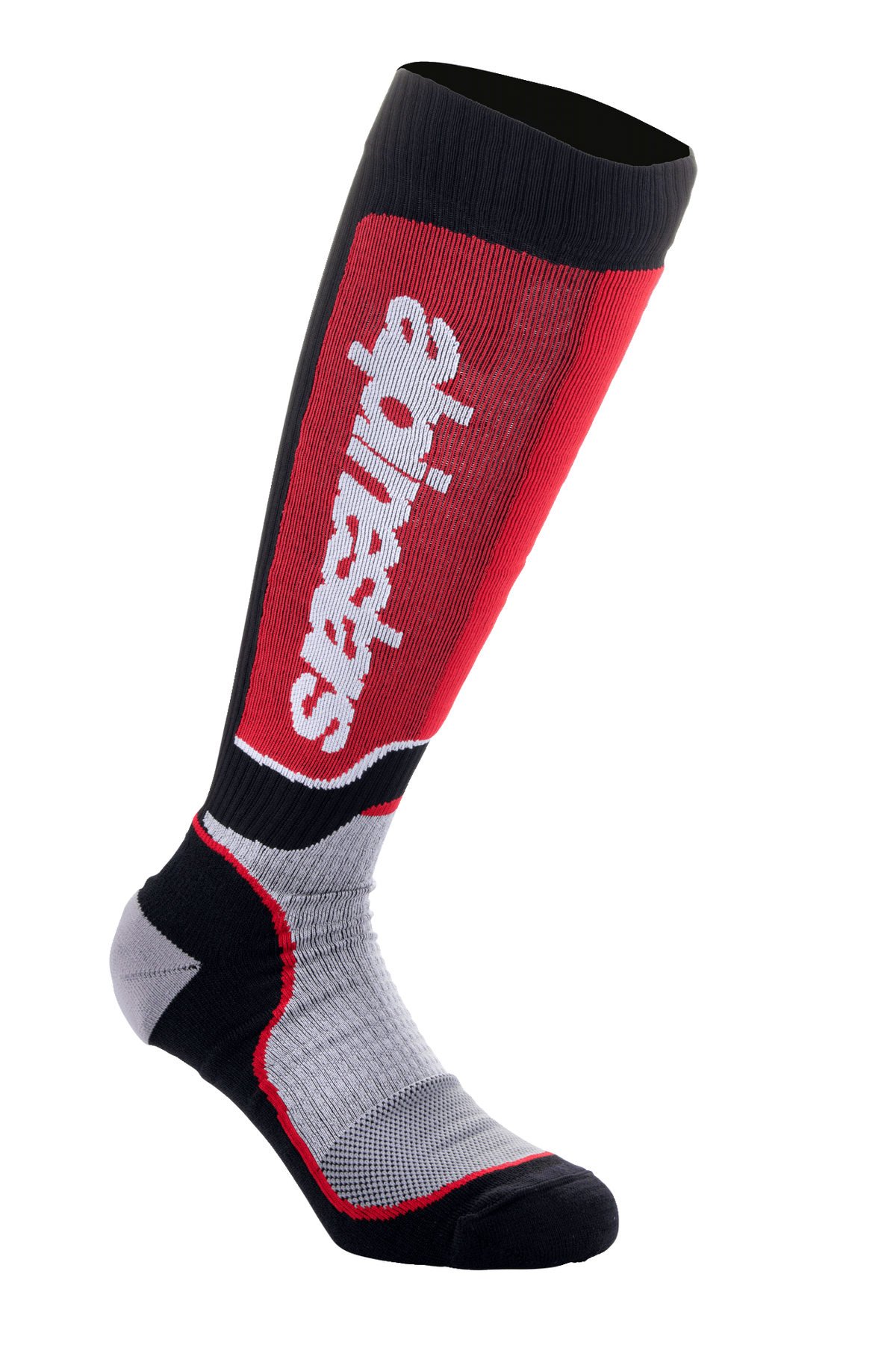 Alpinestars MX Plus Socks, chaussettes de motocross, noir, gris et rouge, avec logo Alpinestars vertical blanc sur un empiècement rouge au mollet, tissu technique côtelé et renforts au talon et aux orteils.