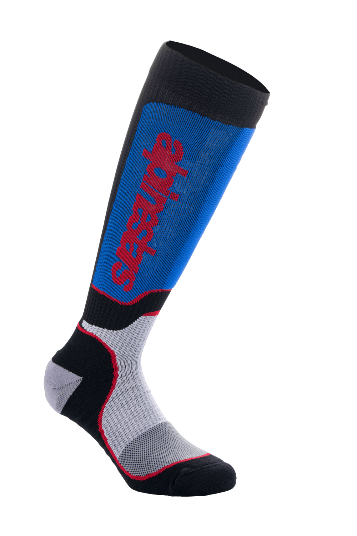Chaussettes Alpinestars MX Plus, chaussettes de motocross, noir, bleu roi et gris, avec logo Alpinestars rouge, texture côtelée extensible, zones de ventilation en mesh et rembourrage renforcé pour le confort tout-terrain