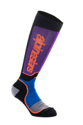 Alpinestars MX Plus Socks, Motocross Knee-High Socks, Black Royal Blue and Purple, featuring a purple ribbed leg with a vertical orange Alpinestars logo, royal blue mesh ankle panels with orange accents, and a gray-black reinforced foot, performance off-road riding gear