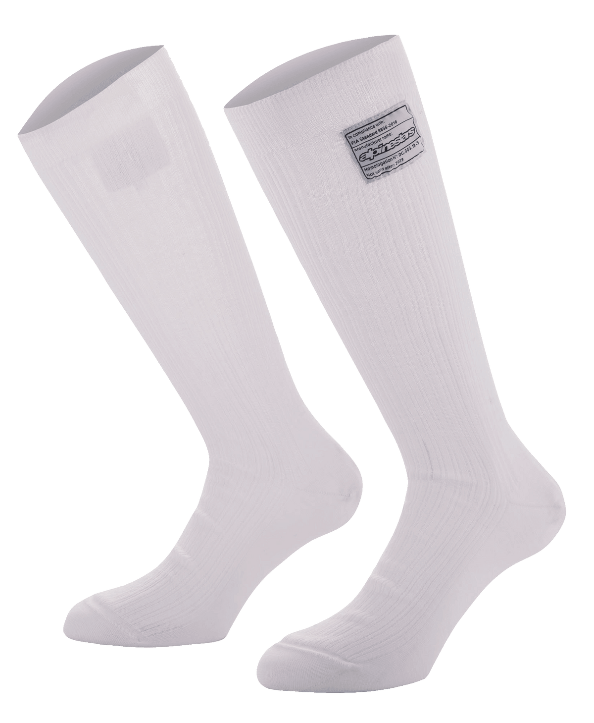 Alpinestars Race V4 Socks, chaussettes montantes de course automobile blanches, construction en Nomex côtelé avec étiquette d'homologation FIA, conception ignifugée pour le sport automobile professionnel