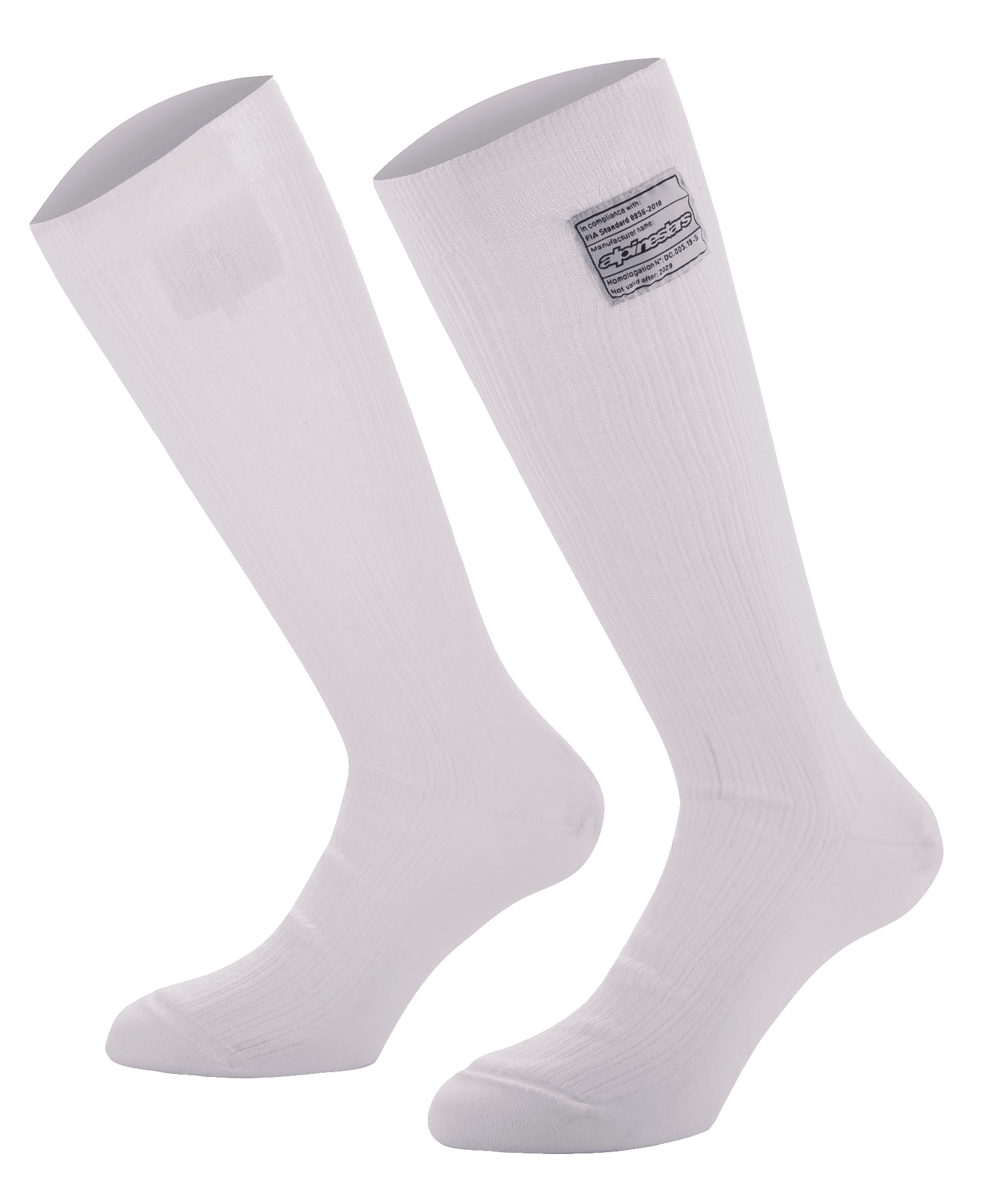 Alpinestars Race V4 Socks, chaussettes montantes de course automobile blanches, construction en Nomex côtelé avec étiquette d'homologation FIA, conception ignifugée pour le sport automobile professionnel