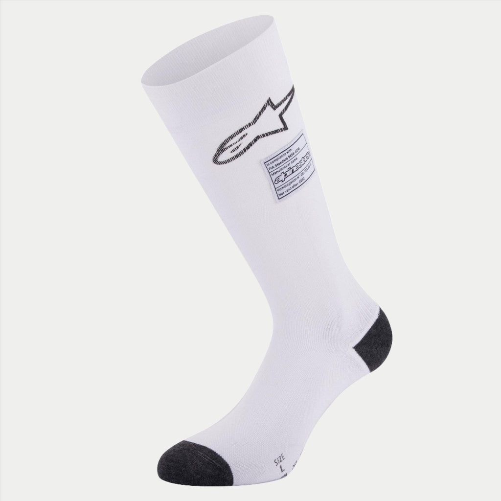 Chaussettes Alpinestars ZX V4, chaussettes de course automobile, blanches avec accents noirs au talon et à la pointe, avec logo Alpinestars noir et étiquette de conformité FIA, couche de base technique sans couture pour le sport automobile
