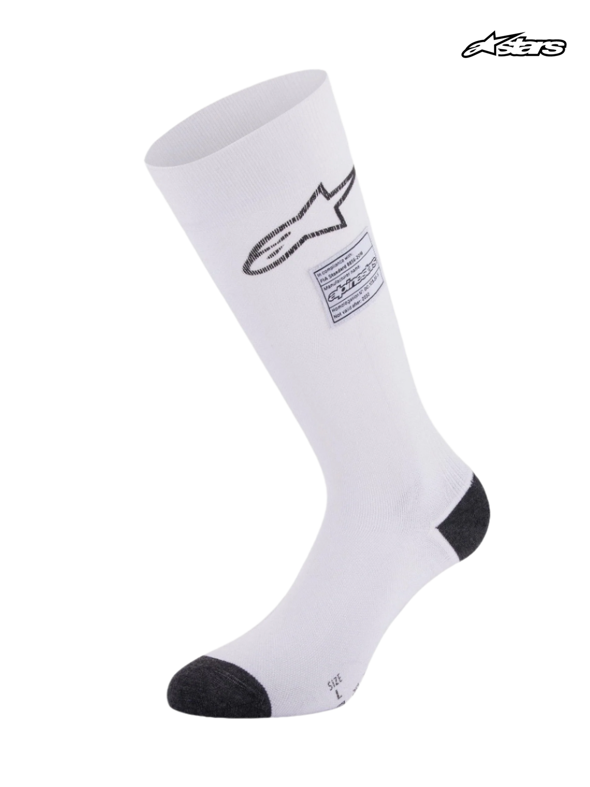 Alpinestars Chaussettes ZX V4, chaussettes de course auto ignifuges, blanches avec des détails noirs, certifiées FIA, construction sans couture en aramide avec compression progressive