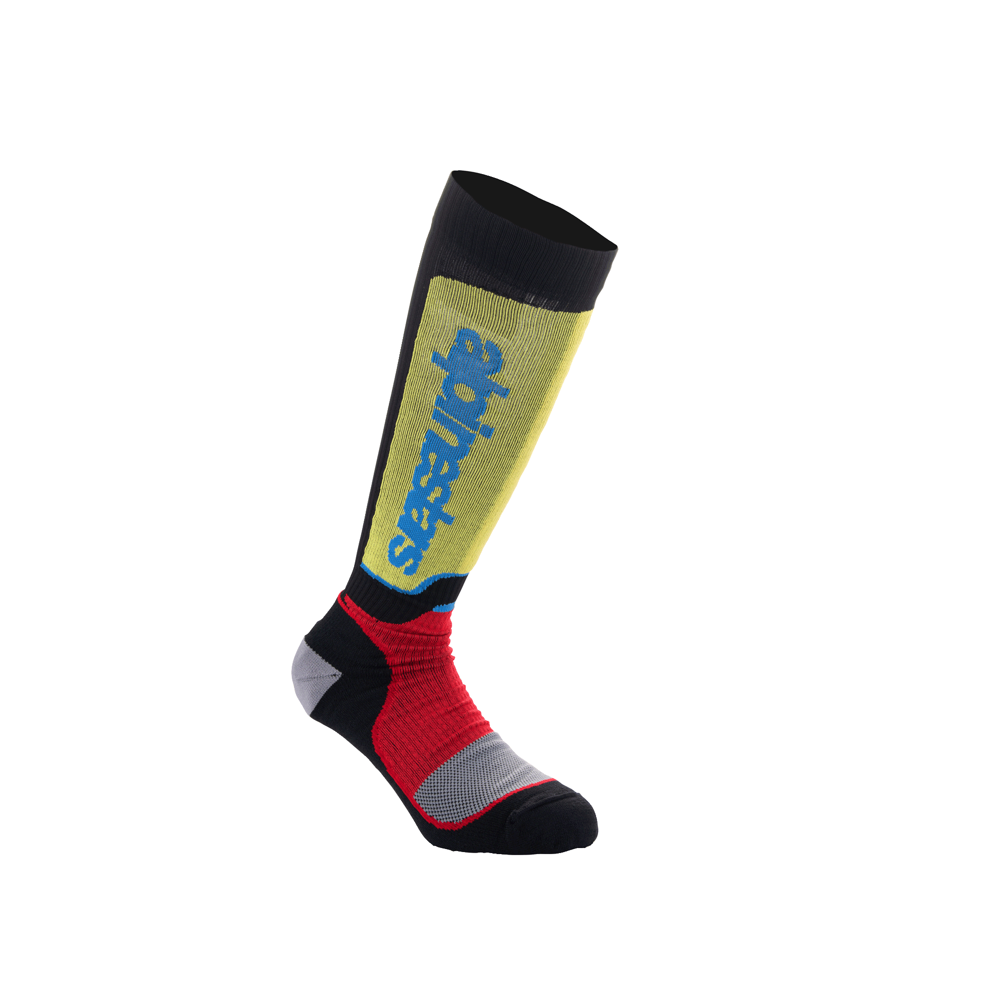 Chaussettes Alpinestars Youth MX Plus, chaussettes de motocross, noires avec des accents jaunes, rouges et bleu clair, longueur genou, construction côtelée et logo Alpinestars vertical sur le tibia