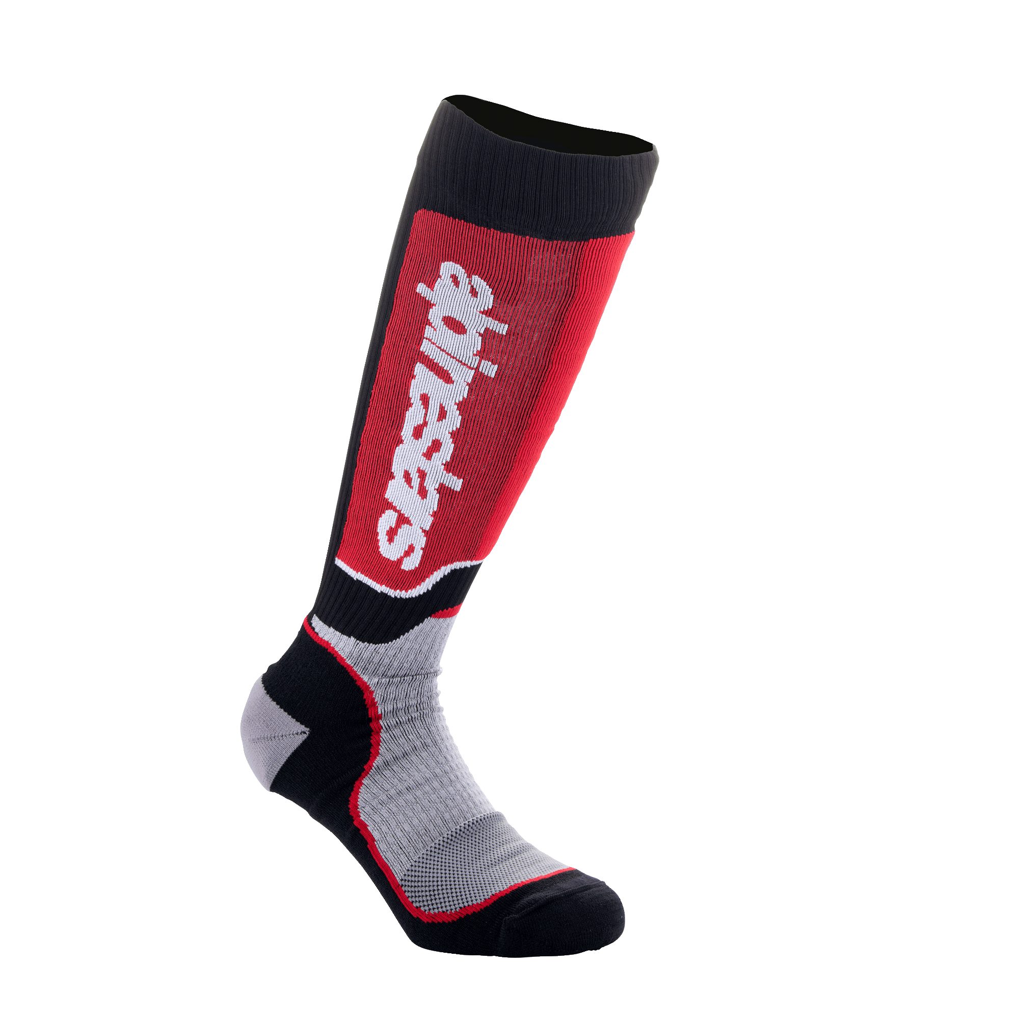 Chaussettes Alpinestars Youth MX Plus, chaussettes de motocross pour enfant, noir, gris et rouge, avec logo blanc vertical sur le panneau rouge au tibia, construction technique monocouche avec zones en maille respirante, conçues pour les bottes de moto tout-terrain
