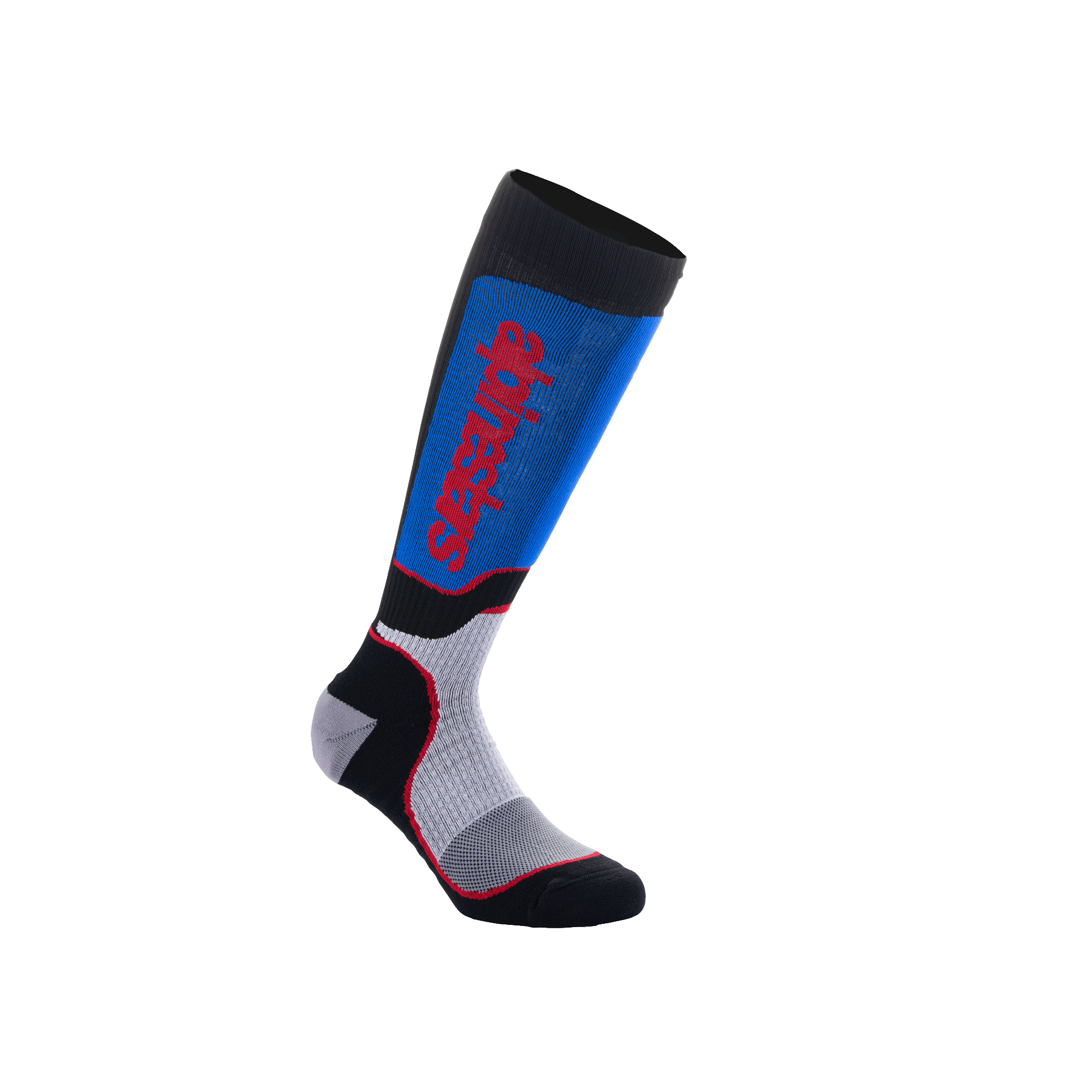 Alpinestars Youth MX Plus Socks, chaussettes de motocross hautes, noir, bleu roi et gris, avec un logo Alpinestars vertical rouge, coupe de compression nervurée avec talon et pointe renforcés, équipement de performance pour jeunes pilotes