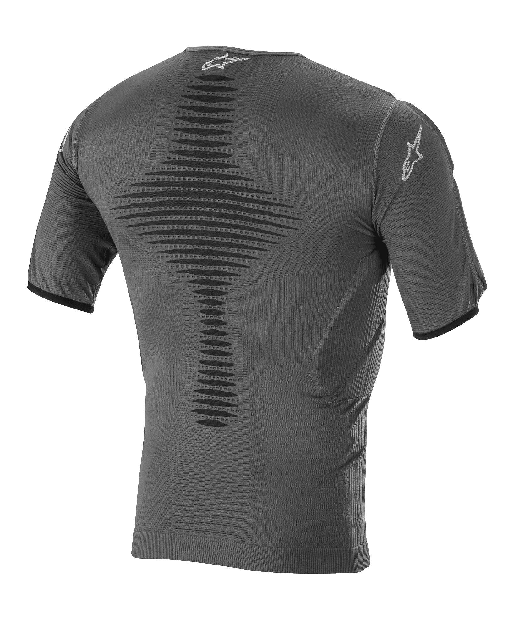 Haut de couche de base Alpinestars Roost, couche de base de motocross, noir anthracite, vue de dos présentant une construction tricotée respirante, une zone de ventilation centrale texturée, des manches courtes et le logo étoile Alpinestars sur le col et la manche
