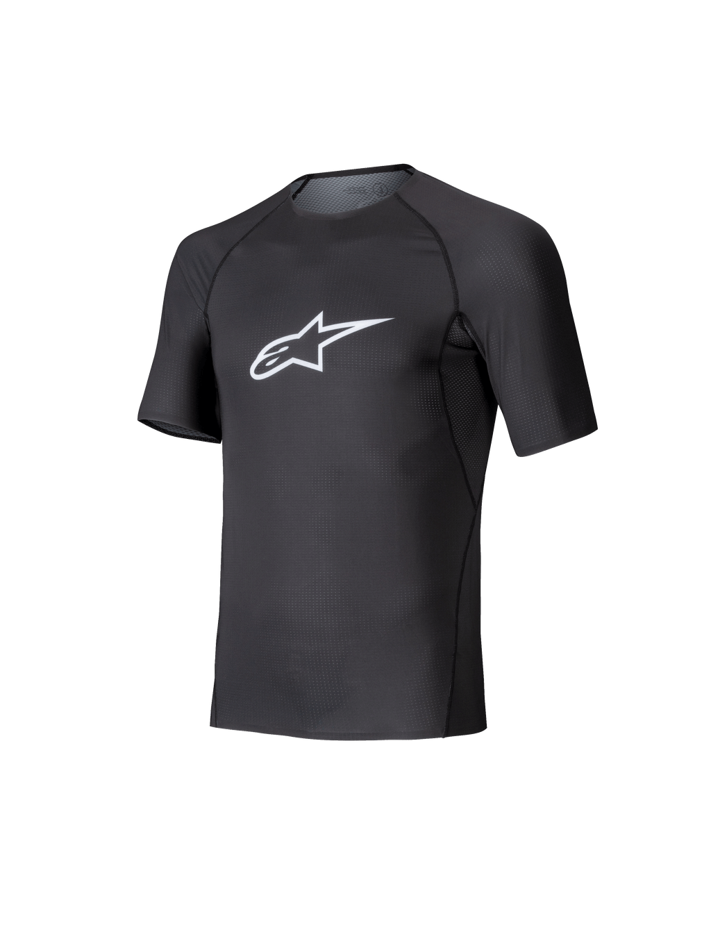 Alpinestars Tech KX Sim Top, couche de base de karting à manches courtes, noir avec logo Astars blanc sur la poitrine, construction en maille extensible respirante, coupe ergonomique pour le karting et le sim racing